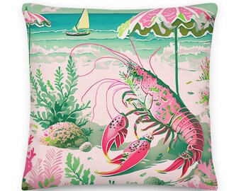 Chatham Lobster Holiday Beach Scene Throw Pillow | Coastal Preppy New England Decor | Cape Cod Lobster Pillow | Summer Beach House Pillow