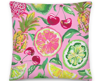 Palm Beach Lemon Cherry Lime Pineapple Fruit Throw Pillow | Coastal Preppy Decor | Happy Summer Beach House Pillow