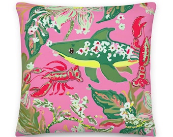South Carolina Shark Party Pink Throw Pillow | Coastal Preppy Decor | Happy Beach House Shark Pillow