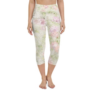 Watercolor Floral Pastel Yoga Capri Leggings