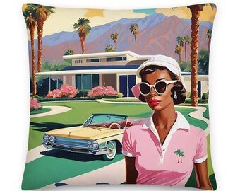 Palm Springs Mid-Century Pink Golf Girl Throw Pillow | Coastal Preppy Resort Decor | Happy Colorful Beach House Pillow