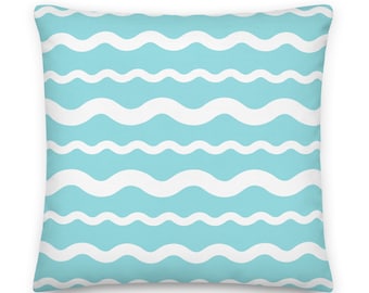 Aqua Blue Ric Rac Stripe Throw Pillow Coastal Preppy | Happy Colorful Beach House Decor | Scalloped Edge Pillow | New England Summer Pillow