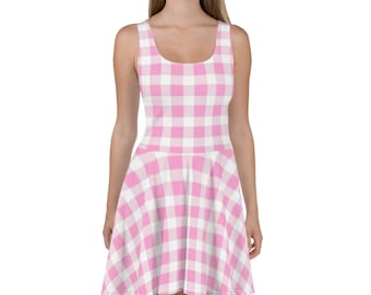 Scalloped Gingham Check Skater Dress Light Pink