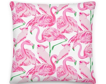 Palm Springs Pink Flamingo Throw Pillow | Coastal Preppy Decor | Happy Resort Style Beach House Pillow