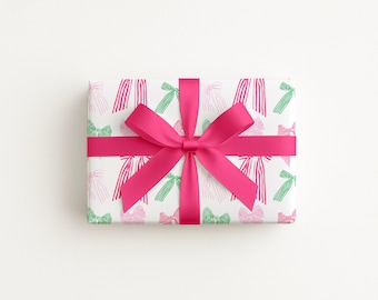 Papel de regalo costero con lazos verdes y rosas de estilo preppy