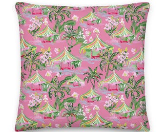 Palm Beach Tiki Hut Throw Pillow | Coastal Preppy Decor | Happy Resort Style Beach House Pillow