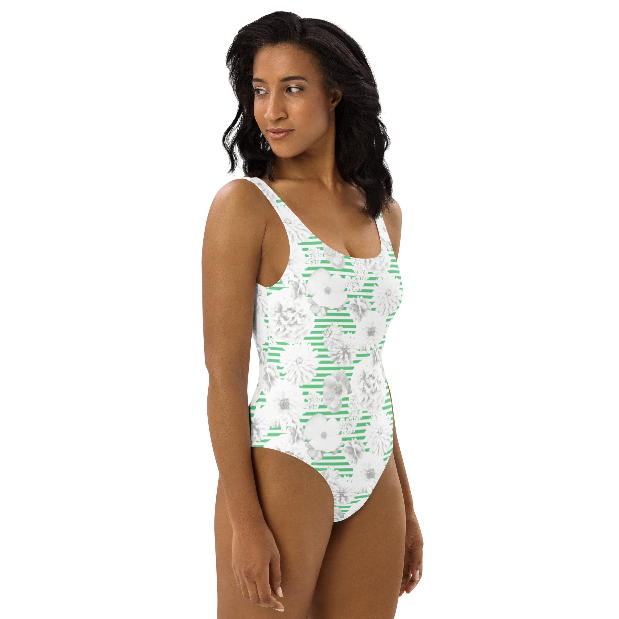 ★ PISCESS★ Flower Stripe One Piece Swimsuit Green 5008225 Floral Green Stripe One-piece Swimsuit - Etsy