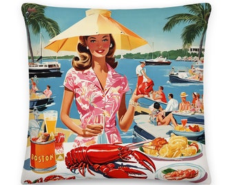 Boston Clambake Girl Throw Pillow | Coastal Preppy New England Decor | Happy Summer Beach House Pillow