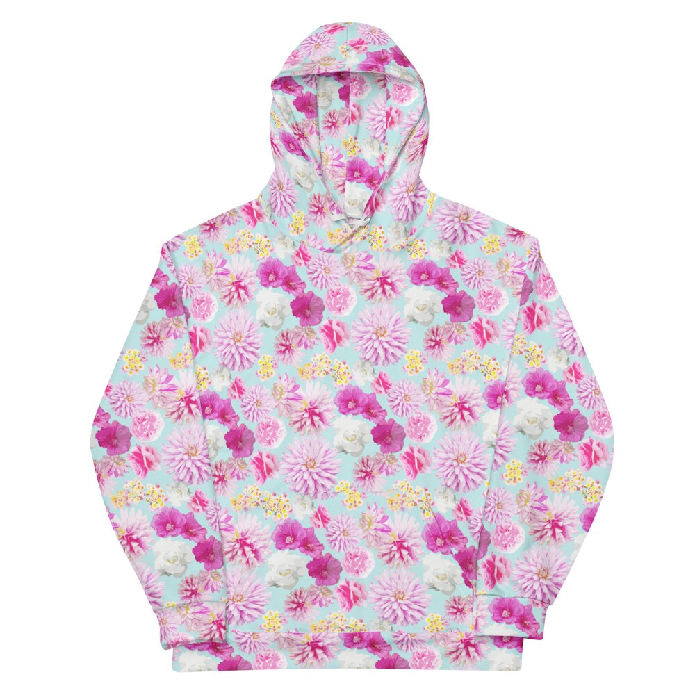 Garden Floral Aqua Blue And Pink Unisex Hoodie Printfushion