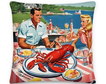 Bar Harbor Lobster Lunch Red White Blue Throw Pillow | Coastal Preppy Maine Decor | New England Patriotic Beach House Pillow