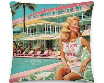Colony Hotel Poolside Retro Throw Pillow: Coastal Preppy Decor