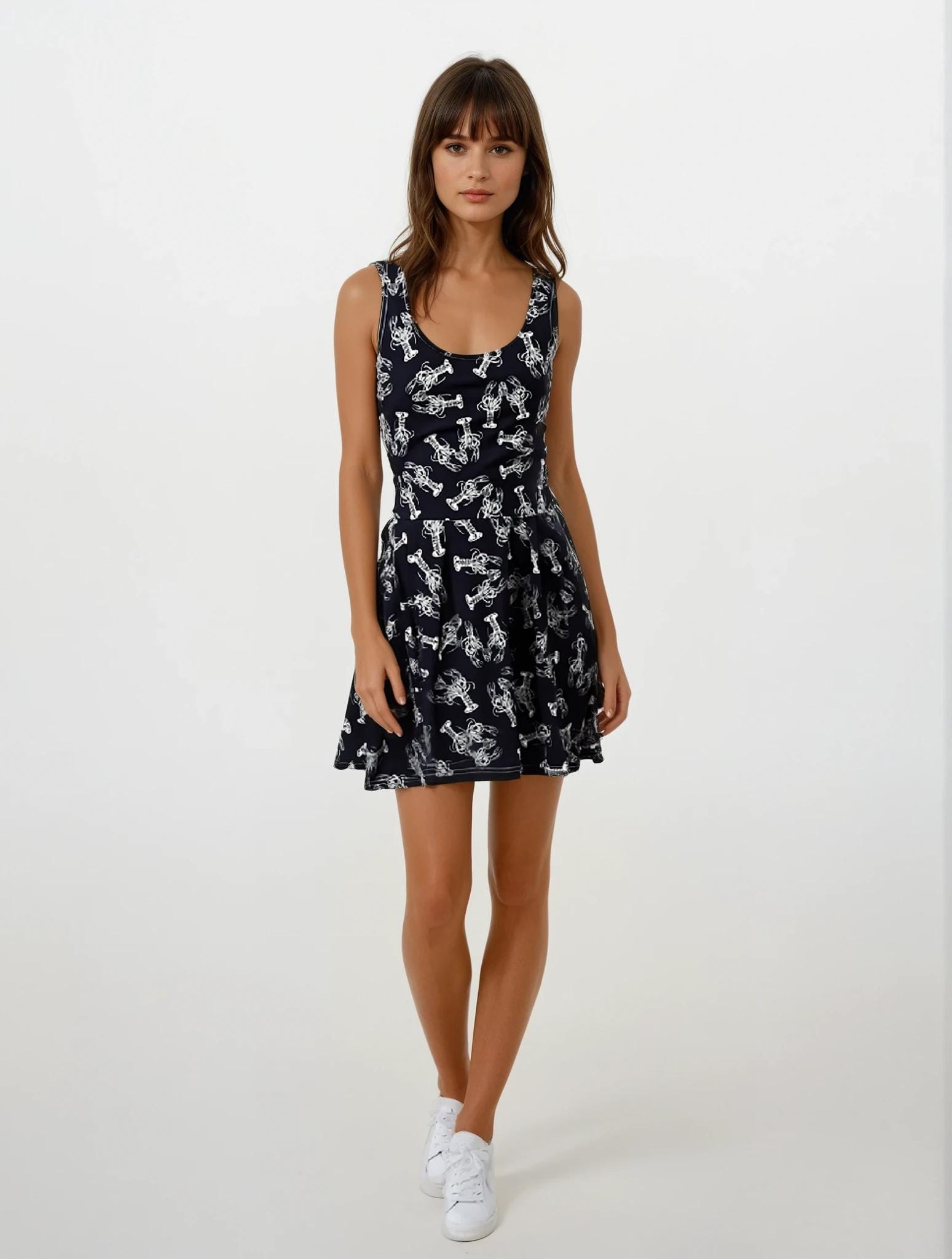 knee length dresses for ladies Unique lobster print sleeveless loose mini dress: White Rosa