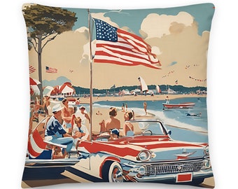 Cape Cod 4th of July US Flag Throw Pillow | Coastal Preppy Patriotic Decor | New England Beach House Pillow | Independence Day
