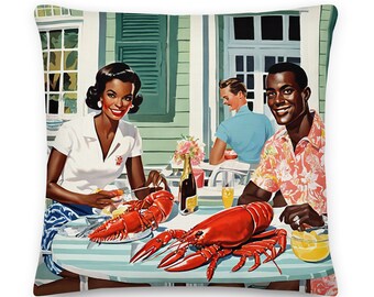 Martha's Vineyard Lobster Luncheon Throw Pillow | Coastal Preppy New England Decor | Cape Cod Style Beach House Pillow