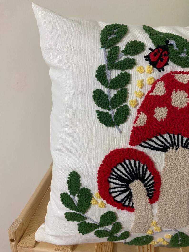 Mushroom Punch Needle Pillow Covers, Flower Tufted Throw Gnome Pillows