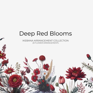 May include: A collection of 20 deep red flower arrangements, titled "Deep Red Blooms" and "Ikebana Arrangement Collection". The image features a variety of red flowers, including roses, carnations, and lilies, arranged in a beautiful and intricate design.