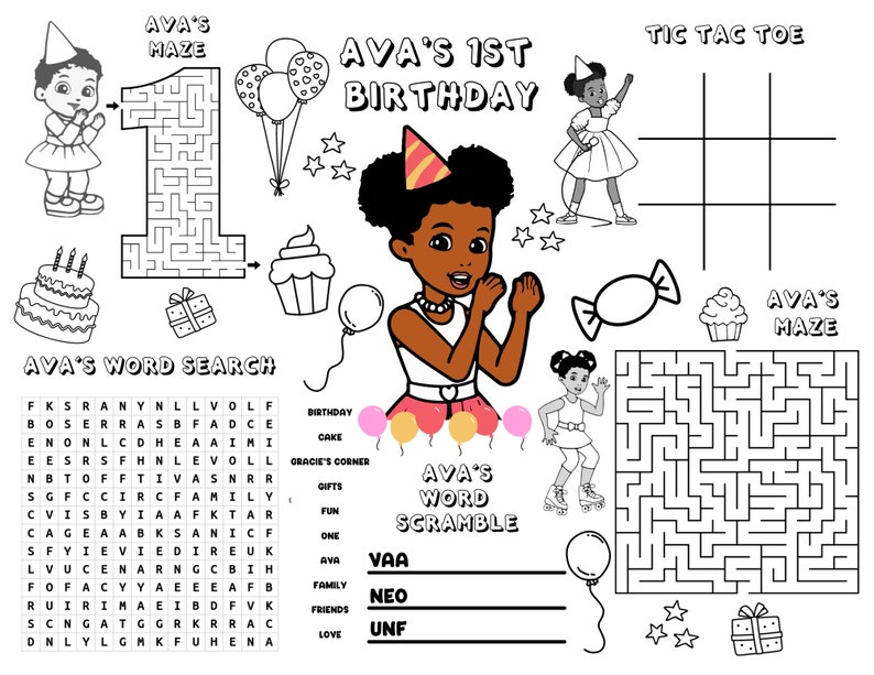 Gracie's Corner Activity Sheet, Gracie's Corner Birthday Placemat Etsy
