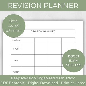 Revision Planner, Study Planner, Student Printable, Study Timetable, A4 size PDF,  Weekly Timetable, Student Resources