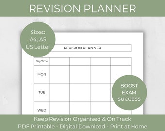 Może przedstawiać: Drukowany planer powtórek w czerni i bieli z tekstem "REVISION PLANNER" u góry. Planer jest podzielony na dni tygodnia, z kolumnami dla przedziałów czasowych. Tekst "BOOST EXAM SUCCESS" znajduje się w kółku w prawym dolnym rogu.