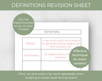 Definitions Revision Planner, Study Planner, Student Printable, A4 PDF Digital Download, Revision Resource, Exam Prep, Student Resources