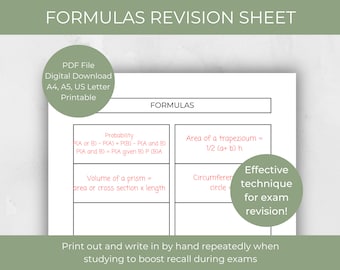 Formulas, Revision Planner, Study Planner, Student Printable, PDF Digital Download, Student Resources, Exam prep, Revision Resource
