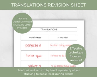 May include: A printable worksheet with a table for Spanish language learners. The table has two columns, one for Spanish words and phrases and the other for their English translations. The words and phrases are "ponerse a", "tener que", and "volver a". The English translations are "to start doing something", "to have to do something", and "to do something again". The worksheet is titled "Translations Revision Sheet".