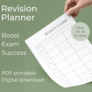 Könnte beinhalten: Ein schwarz-weißer druckbarer Revisionsplaner mit dem Text "REVISION PLANNER" oben. Der Planer ist in Wochentage unterteilt und bietet Platz für Notizen. Der Text "Sizes: A4, A5 US Letter" befindet sich in einem Kreis unten rechts.