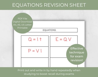 Equations, Revision Planner, Study Planner, Student Printable, A4 PDF Digital Download, Student Resources, Exam Prep, Revision Resource