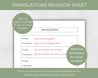 May include: A printable worksheet with the title "Translations Revision Sheet". The worksheet is designed to help learners practice translating phrases from English to Spanish. It includes a section for writing the English phrase, the Spanish translation, and a space for writing the translation again. The worksheet also includes the text "Effective technique for exam revision!" and "Print out and write in by hand repeatedly when studying to boost recall during exams".