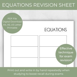 Könnte beinhalten: Ein druckbares Arbeitsblatt mit dem Titel "Equations Revision Sheet" und dem Text "Drucken Sie es aus und schreiben Sie es wiederholt von Hand, wenn Sie lernen, um sich während der Prüfungen besser zu erinnern". Das Arbeitsblatt ist in zwei Spalten unterteilt, wobei jede Spalte oben den Titel "Equations" trägt. Jede Spalte hat vier leere Zeilen zum Schreiben von Gleichungen. Ein Kreis mit dem Text "Effektive Technik für die Prüfungsvorbereitung!" befindet sich in der unteren rechten Ecke des Arbeitsblatts.