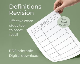 May include: A printable definitions revision worksheet with blank spaces for writing terms and definitions. The worksheet is designed to help students study and boost recall. The text on the worksheet reads "Definitions" and "Sizes: A4, A5 US Letter".