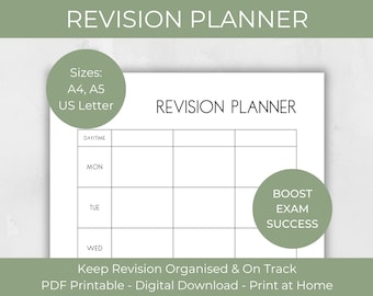 Revision Planner, Student Printables Study Planner, GCSE Exam Study Help for Revising, PDF Study Resources Timetable.
