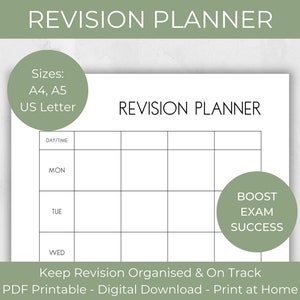 May include: A printable revision planner with a grid layout for scheduling study time. The planner has the text "REVISION PLANNER" at the top and "BOOST EXAM SUCCESS" in a circle at the bottom right. The planner is available in A4, A5, and US Letter sizes.