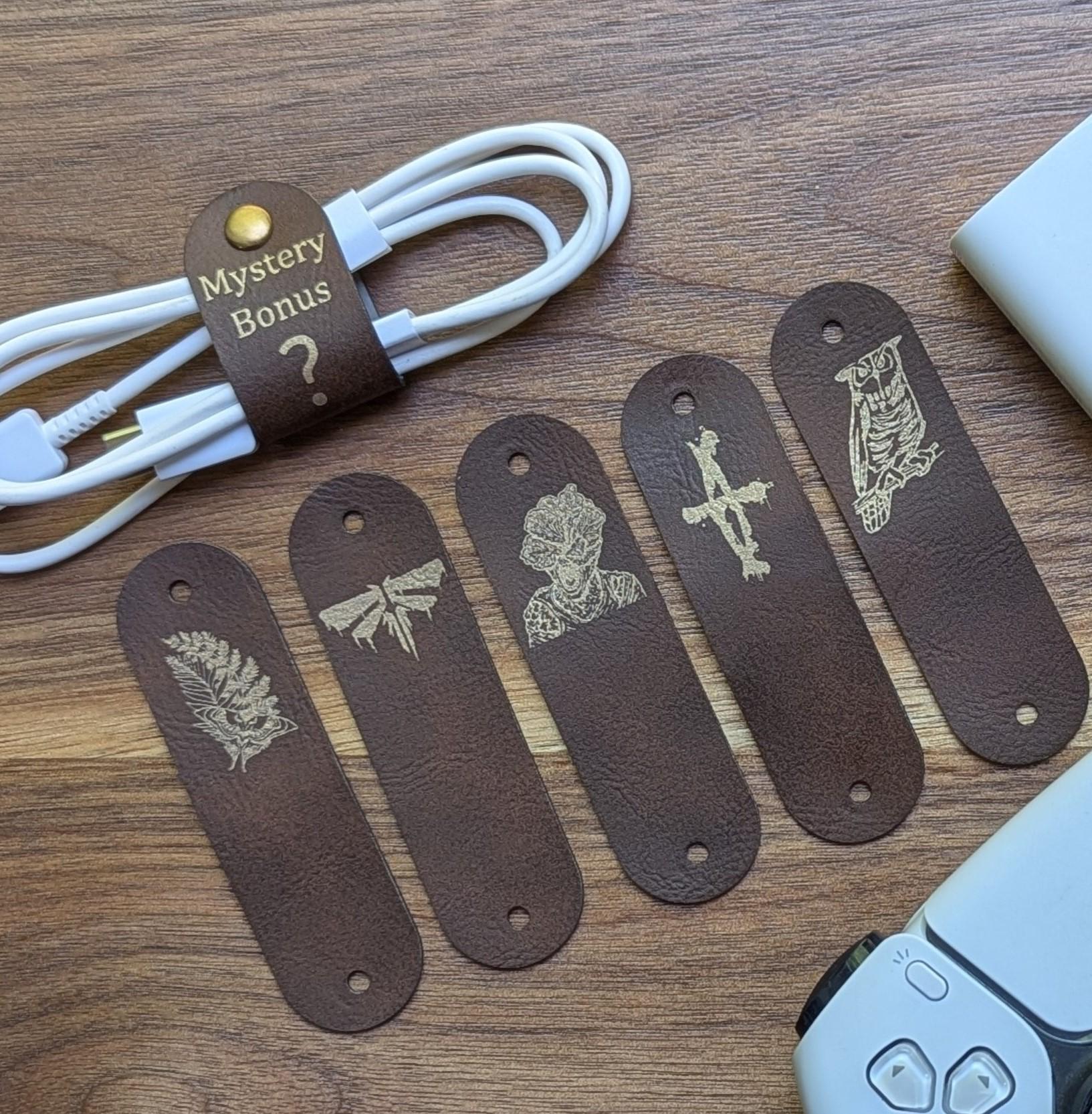 Last of Us Inspired Cable Organizer Tags – Laser Engraved Leatherette Set of 5 (Bonus Mystery Tag!)