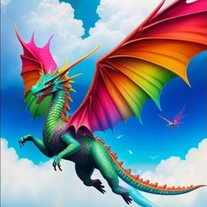 May include: A vibrant rainbow dragon with green scales and a long tail soars through a blue sky with fluffy white clouds. The dragon's wings are spread wide, showcasing a spectrum of colors.