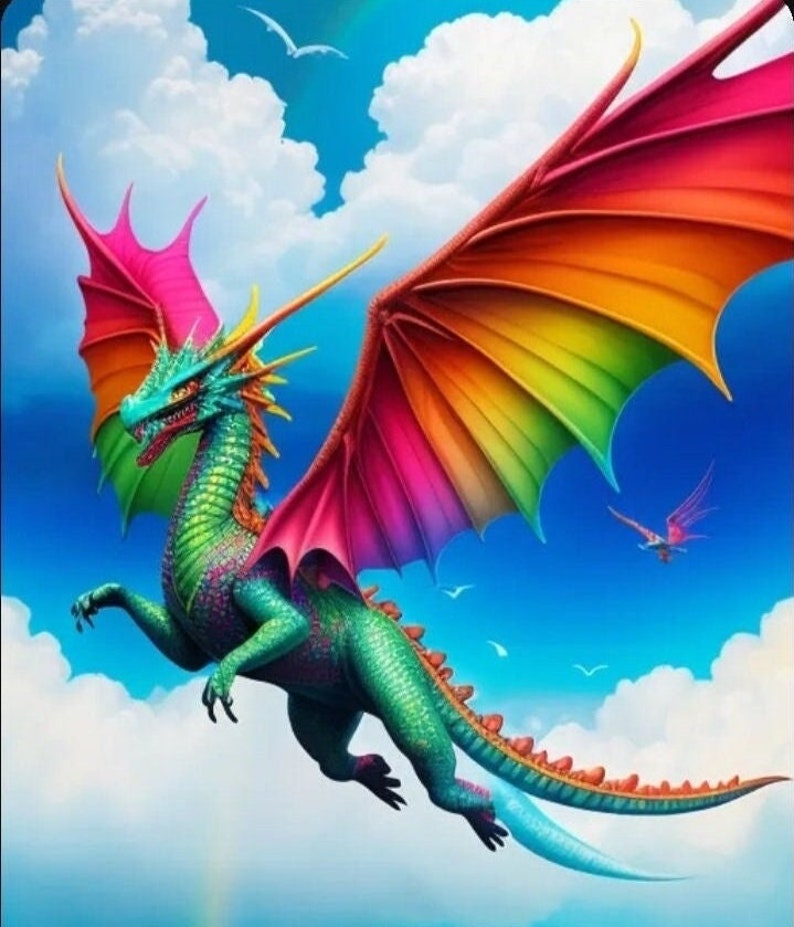 May include: A vibrant rainbow dragon with green scales and a long tail soars through a blue sky with fluffy white clouds. The dragon's wings are spread wide, showcasing a spectrum of colors.