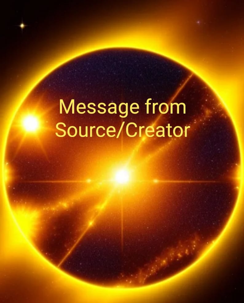 Puede incluir: Un c&iacute;rculo amarillo brillante con una estrella brillante en el centro, rodeado de un fondo oscuro con un mensaje que dice "Mensaje de la Fuente/Creador".