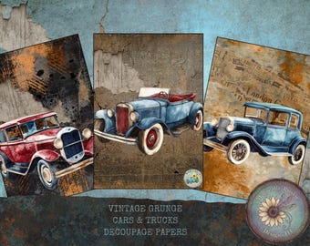 Vintage Grunge Car & Truck Decoupage Papers – Classic Car Designs, DIY Crafts
