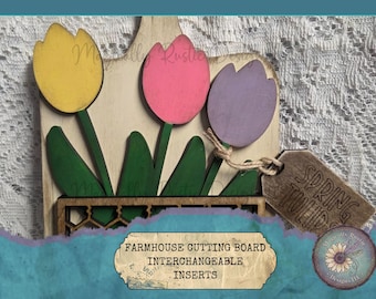 Farmhouse Interchangeable Wood Cutting Board Decor — Tulip Insert — 3D Seasonal Decor