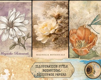 Botanical Illustration Decoupage, Floral Papers, Handmade Craft Supplies, DIY Crafts