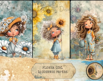 Flower Girl Decoupage, Floral Papers, Whimsical Paper, Handmade Craft Supplies, DIY Crafts