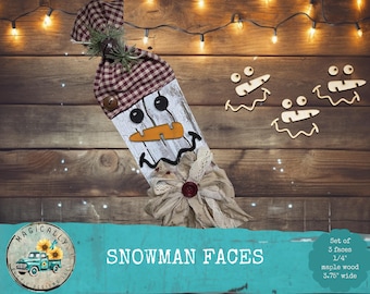 Laser Cut Maple Wood Snowman Faces: DIY Craft Project - Set of 3