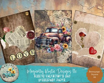 Rustic Valentine's Day Decoupage Papers, Handmade Craft Supplies, DIY Crafts