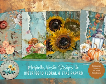 Distressed Floral Decoupage Paper: Teal Vintage Scrapbooking, Journal Paper