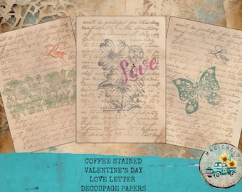 Coffee Stained Hand-Stamped Decoupage – Handmade Vintage Papers, Valentine's Day