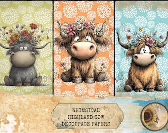 Whimsical Highland Cow Decoupage Papers – Distressed Spring Decor, DIY Crafts, Cow Paper