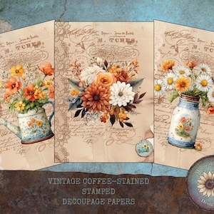 Vintage Coffee-Stained Stamped Decoupage – Handmade Papers, CottageCore Floral Crafts