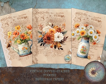 Vintage Coffee-Stained Stamped Decoupage – Handmade Papers, CottageCore Floral Crafts