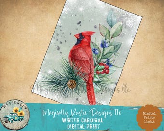 Winter Cardinal Digital Print: DIY Craft Prints, Decoupage Prints