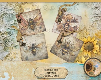 Bumble Bee Junk Journal Tags – Set of 4 | Embellished Charms & Ribbons | Vintage Bee Bookmarks